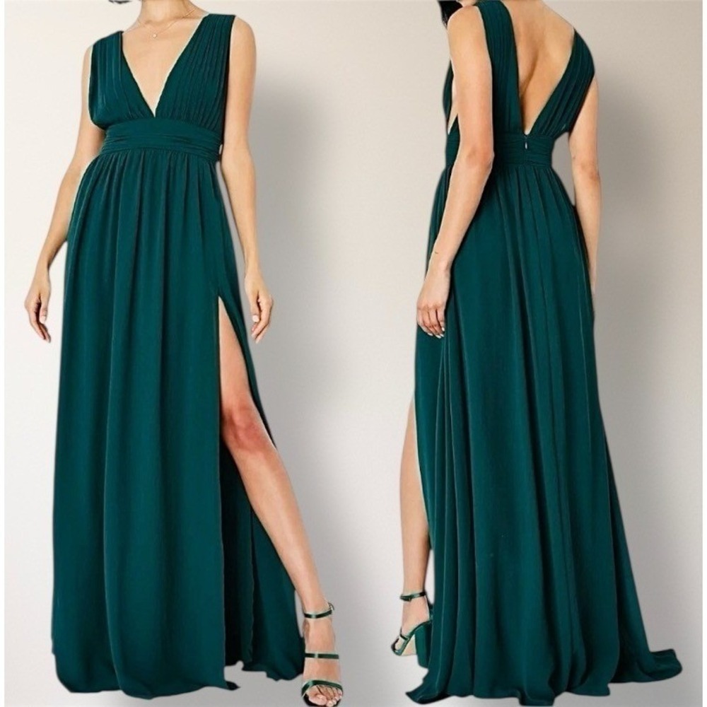 Lulus Heavenly‎ Hues Green Maxi Dress Pleated Deep V Slit Autumn Wedding Guest
